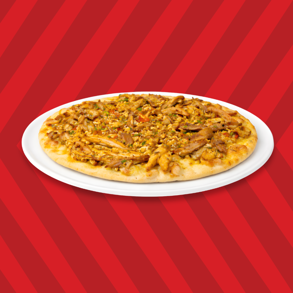 Lebanese fatayer pie baked on a flatbread crust with shredded chicken